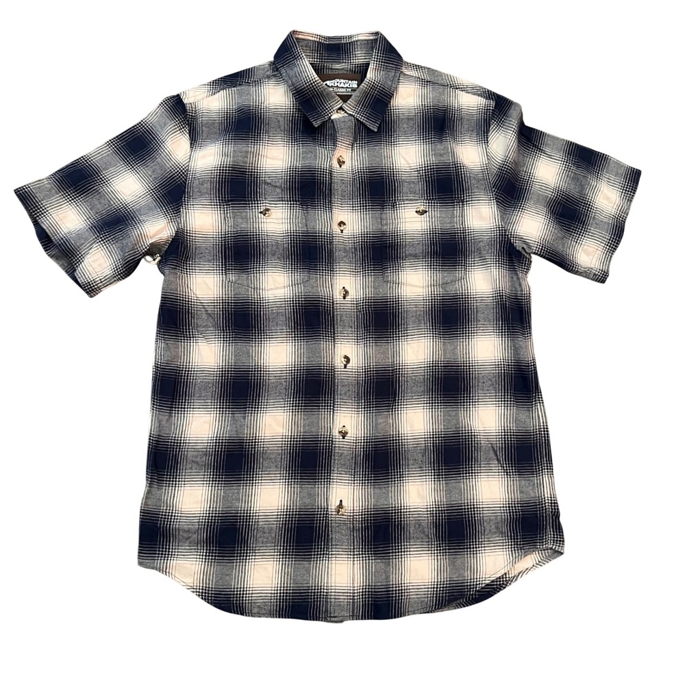 Mountain Khakis Cyrus Short Sleeve Woven Shirt Crater Navy Plaid Mens Medium NEW